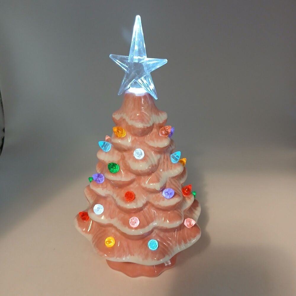 Retro Pink Ceramic Christmas Tree Light Up Multicolor Lights 7.5 in